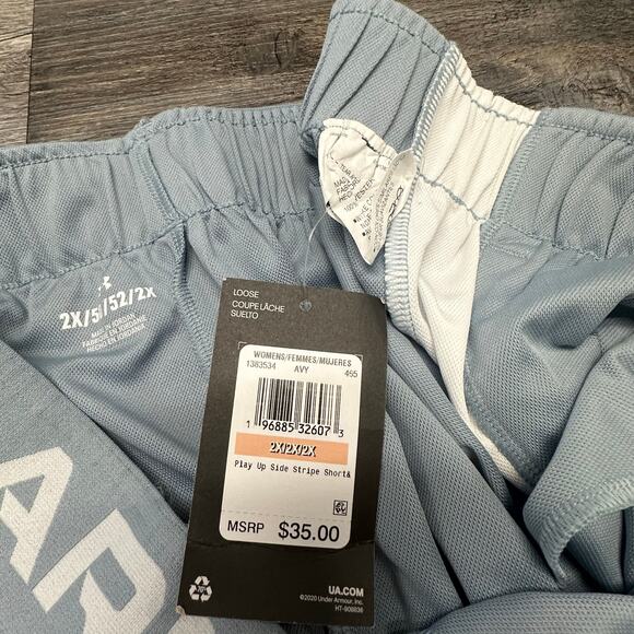 NWT Under Armour Play Up Side Stripe Slate Blue White Women 2X Plus Loose Shorts - Picture 3 of 11